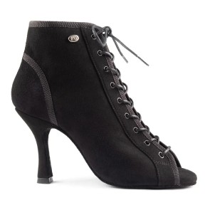 Portdance PD815 Zwarte Nubuck Dames Dansschoenen met Peeptoe - Enkellaarsje met Vetersluiting