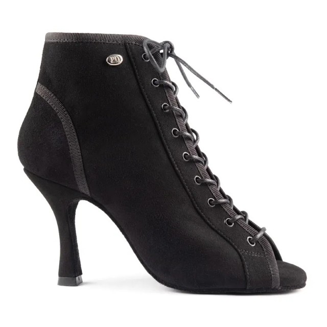 Portdance PD815 Zwarte Nubuck Dames Dansschoenen met Peeptoe - Enkellaarsje met Vetersluiting