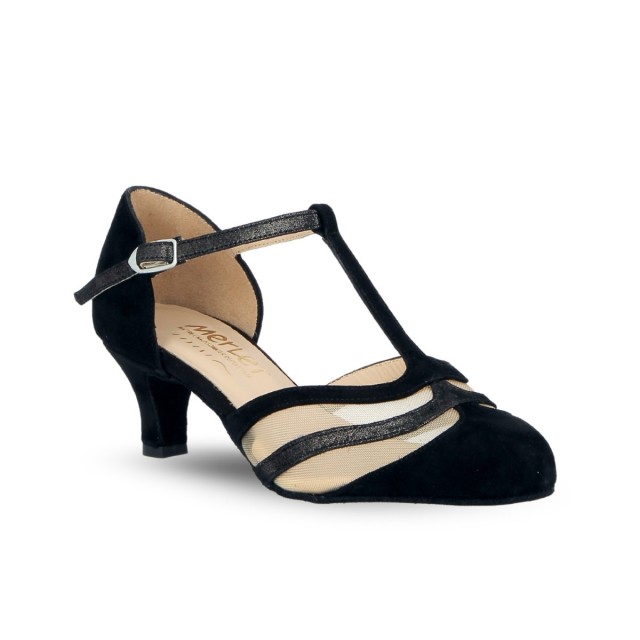 Merlet Anola 11/1404 dames Zwarte Suede Ballroom schoenen met T-strap