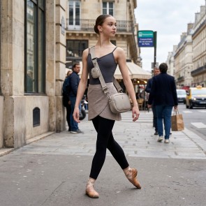 Een balletmeisje loopt door de stad met handtas over haar schouder.