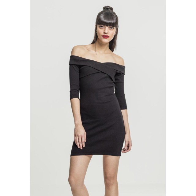 Urban Classics Dames Off Shoulder Geribde Jurk