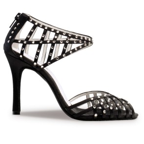 Tangoschoenen met Strass - Zwart Satijn - Dames - Hoge Hak 9 cm - Open Neus - Anna Kern 947-90
