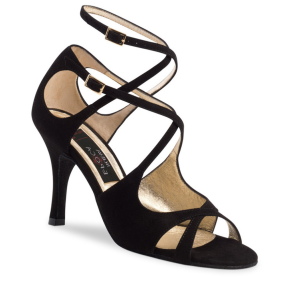 Dames Dansschoenen Dubbele Bandjes - Zwart Suede - Tango, Kizomba, Salsa - Hak 8 cm - Nueva Epoca Amalia