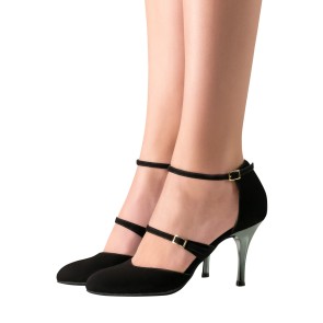 Dames Dansschoen Dichte Neus - Hoge Hak 8 cm - Zwart Suede - Twee Bandjes - Nueva Epoca Anouk