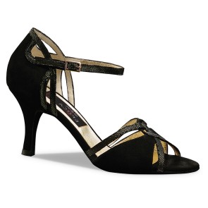 Tango, Salsa Dansschoenen Zwart - Suede - Glitter - Hak 7 cm - Nueva Epoca Christina