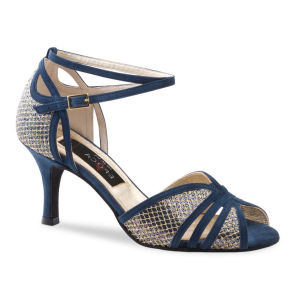 Tango Dansschoenen voor Dames - Blauw met Goud - Suede Zool - Open Teen - Hak 8 cm - Nueva Epoca Donna