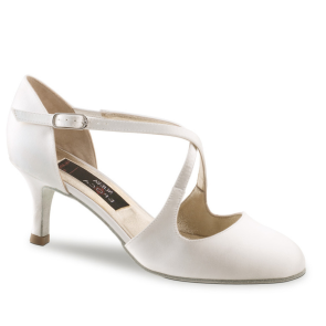 Dames Dansschoen Wit Satijn - Suede Zool - Bruidsschoen - Hak 6 cm - Dichte Teen - Nueva Epoca India
