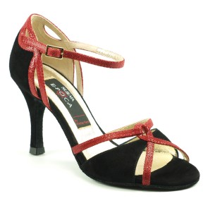 Dames Dansschoenen Tango, Salsa, Bachata - Zwart Suede en Rood Leer - Hak 8 cm - Nueva Epoca Isabel