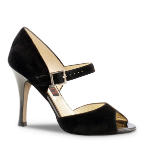 Dames Dansschoen met Lederen Zool - Hoge Hak 7 cm - Zwart Suede - Breed Bandje - Nueva Epoca Maite