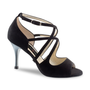 Zwarte Dansschoenen voor Vrouwen - Tango, Salsa, Kizomba - Open Teen - Suede Zool - Zilveren Hoge Hak - Nueva Epoca Riana