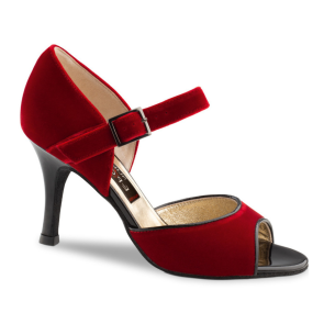 Dames Dansschoen Rood Fluweel - Suede Zool - Open Teen - Hak 7 cm - Tango en Salsa - Nueva Epoca Romy