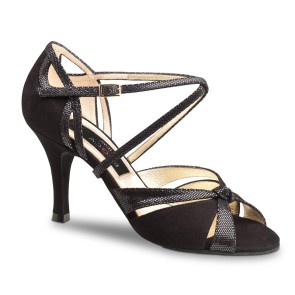 Dames Dansschoenen voor Salsa en Tango - Zwart Suede met Glitter - Hak 7 cm - Nueva Epoca Sienna