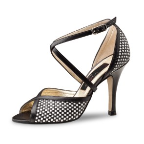 Dames Dansschoen Salsa en Tango - Zwart-Wit Vlechtwerk - Leren Zool - Hak 8 cm - Nueva Epoca Simona
