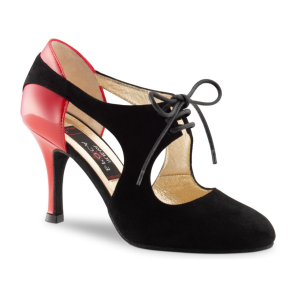 Dames Tangoschoen met Veters - Zwart Suede - Rood Lakleer - Dichte Neus - Hak 8 cm - Nueva Epoca Talia