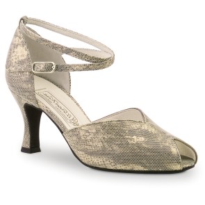 Dansschoenen met Gouden Glitter - Dames Salsaschoen - Hak 6,5 cm - Drukknoop Sluiting - Peeptoe - Werner Kern Asta