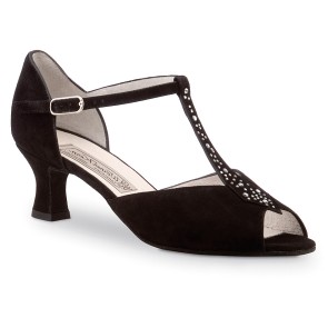 Zwarte Dansschoen Dames - T-bandje met Steentjes - Suede Zool - Salsa, Latin, Bachata - Werner Kern Claudia