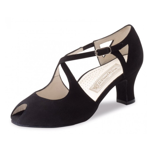Werner Kern Georgia zwarte dames dansschoenen met kruisbandjes en peeptoe breed voetbed