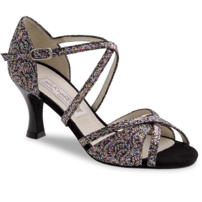 Glitter Dansschoen voor Dames - Open Teen - Hak 6,5 cm - Suede Zool - Salsa en Latin - Gekruist Bandje - Werner Kern July Brocade Multi