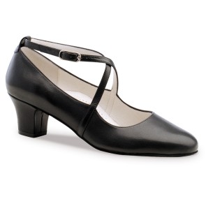 Ballroom Dansschoenen voor Dames - Zwart Leer - Comfortabel Voetbed - Geschikt voor Bredere Voeten - Gekruiste Bandjes - Werner Kern Sidney