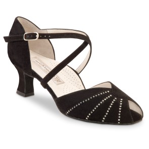 Dames Dansschoenen voor Salsa en Latin - Peeptoe - Zwart met Steentjes - Hak 5 cm - Suede Zool - Werner Kern Sonia