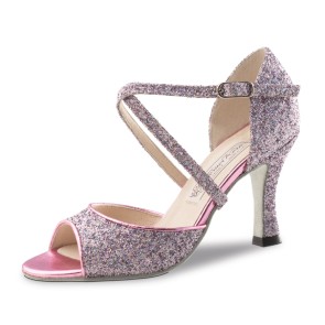 Dames Dansschoen Roze Glitter - Suede Zool - Gekruist Bandje - Open Teen - Hoge Hak 8 cm - Werner Kern Alina