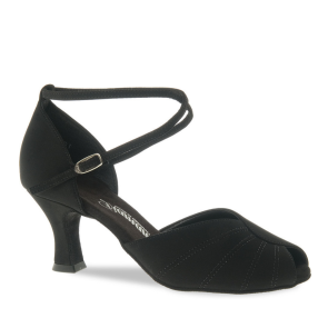 Zwarte Dansschoen met Peeptoe - Dames Latin, Salsaschoen - Nubuck Leer - Hak 6,5 cm - Diamant 027-060-040