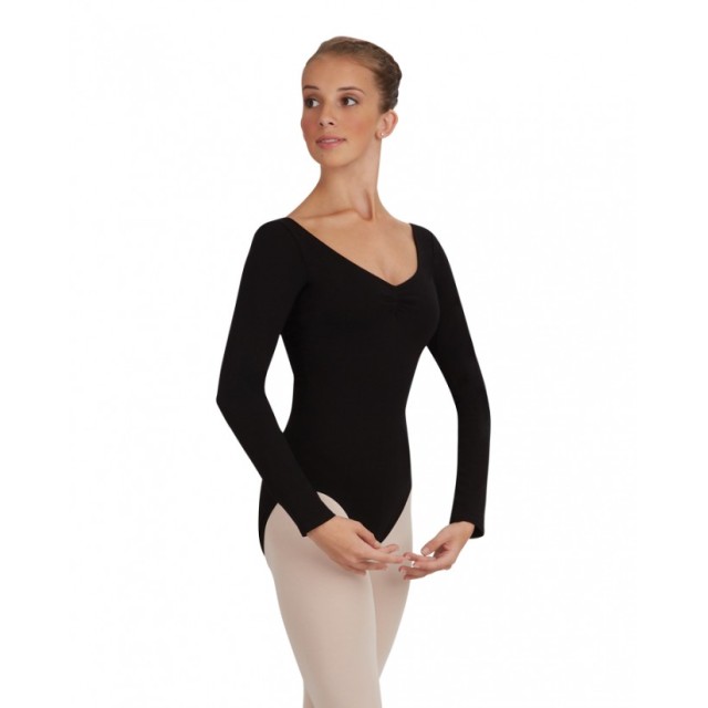 Zwart balletpak met lange mouwen - V-hals - Ronde rug - Katoen/lycra - Capezio CC460