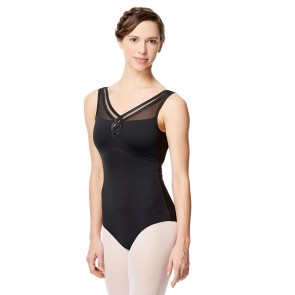 Zwart balletpak met brede schouderbandjes - Lage rug - V-hals - Halslijn van gaas - Microvezel - Lulli LUF569