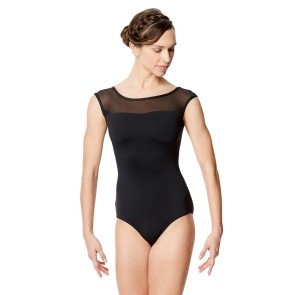 Zwart balletpak met kapmouwtjes - Hals en rug van gaas - Tactel/spandex - Ingebouwde sporttop - Lulli LUF593