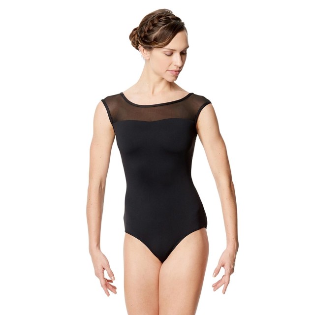 Zwart balletpak met kapmouwtjes - Hals en rug van gaas - Tactel/spandex - Ingebouwde sporttop - Lulli LUF593