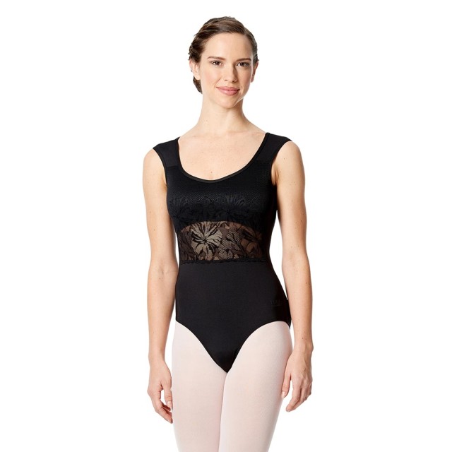 Zwart balletpak met v-hals - Brede bandjes - Kant rondom de taille - Microvezel - Open rug - Lulli LUF518