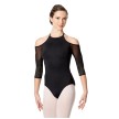 Zwart balletpak voor dames - Ontblote schouders - Open rug - Mouwen van gaas - Microvezel - Lulli LUF538