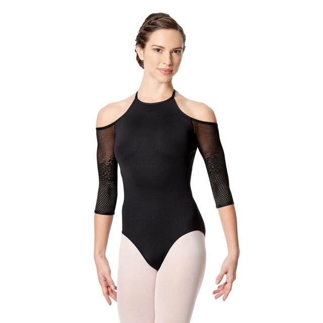 Zwart balletpak voor dames - Ontblote schouders - Open rug - Mouwen van gaas - Microvezel - Lulli LUF538