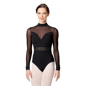 Zwart balletpak voor dames - Lange mouwen van gaas - Tailleband van gaas - Microvezel - Lulli LUF525