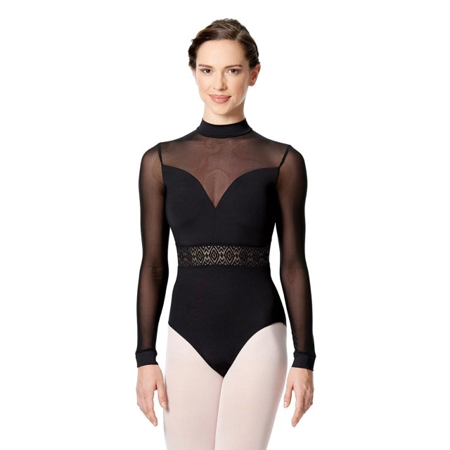 Zwart balletpak voor dames - Lange mouwen van gaas - Tailleband van gaas - Microvezel - Lulli LUF525