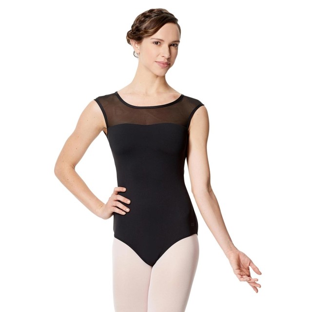 Balletpak met kapmouwtjes - Zwart - Hals en rug van gaas - Ronde halslijn - Open rug - Microvezel - Lulli LUF567