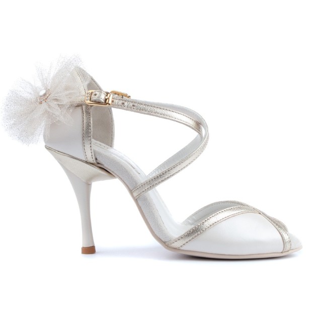 Portdance PD857 Bruidsschoenen met kruisbandjes Beige en goud metallic leer Lederen zool zijkant