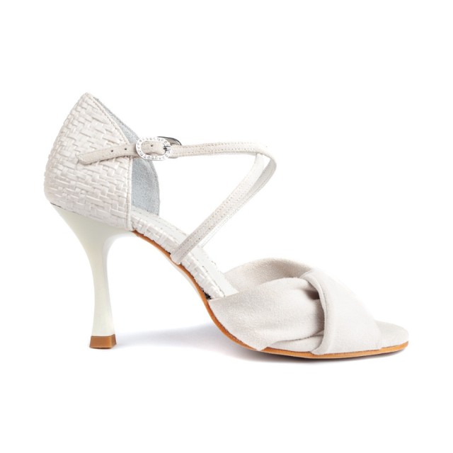 Portdance PD854 Bruidsschoenen met kruisbandjes beige suede en parelmoer lederen zool 7 cm 