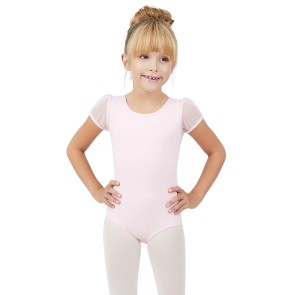 Capezio Meisjes Balletpakje Pofmouwen en Open Rug 11311C roze met doorzichtige mouwen