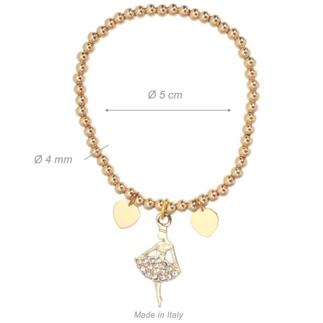 Alista Dancer Basics Alista Elastische Armband van Gouden Stalen Kralen met Hartjes en Ballerina Hangers met Strass Steentjes